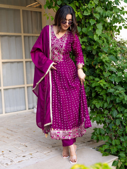 Vinita Silk Blend Anarkali Kurta Set Elegant Readymade Embroidered Fancy Neck Three Quarter Sleeves With Pant Dupatta Set - FitVibe Fashion