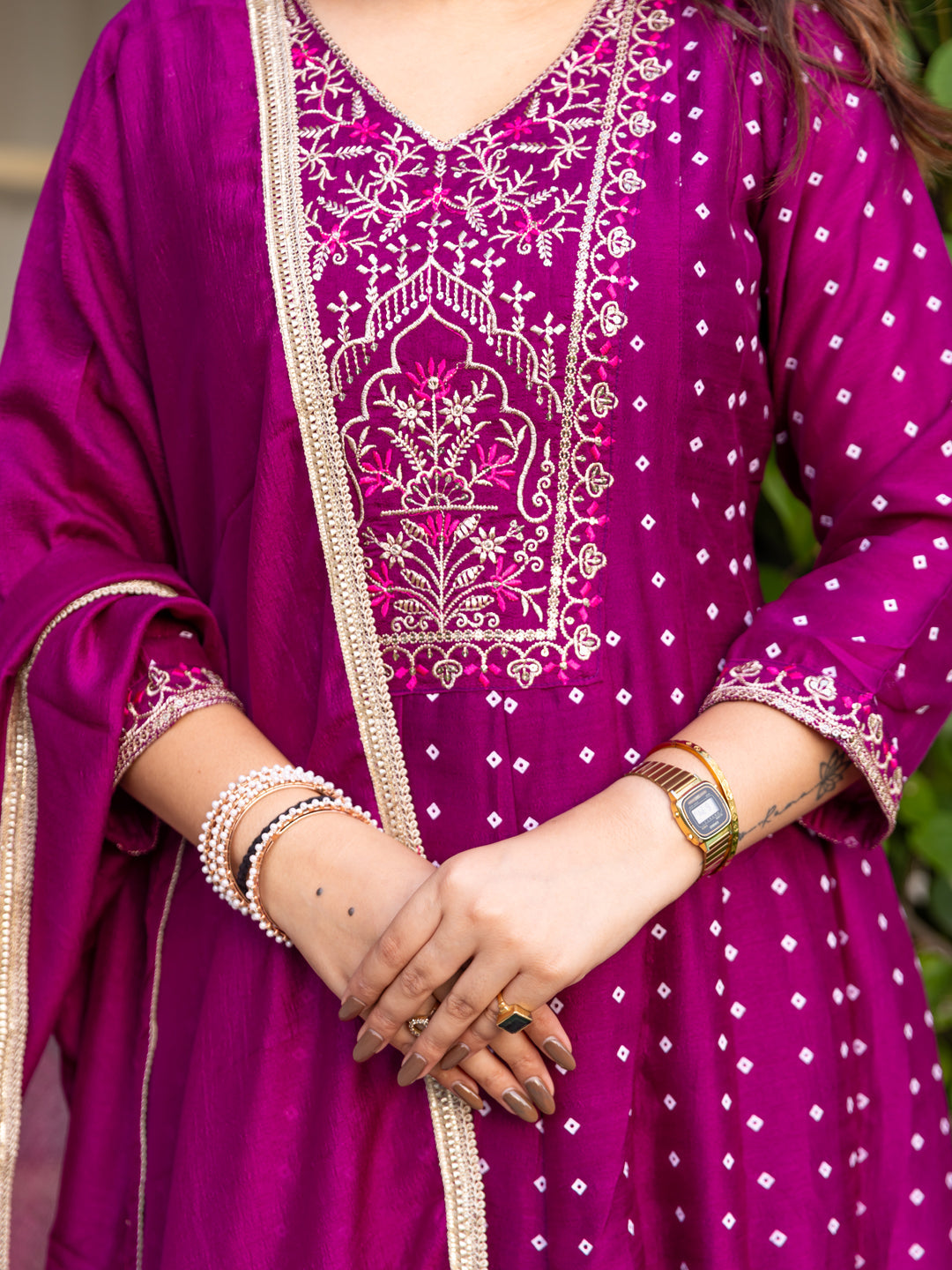 Vinita Silk Blend Anarkali Kurta Set Elegant Readymade Embroidered Fancy Neck Three Quarter Sleeves With Pant Dupatta Set - FitVibe Fashion