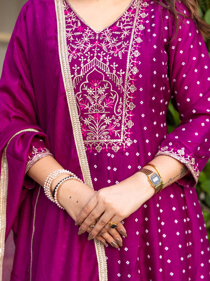 Vinita Silk Blend Anarkali Kurta Set Elegant Readymade Embroidered Fancy Neck Three Quarter Sleeves With Pant Dupatta Set - FitVibe Fashion