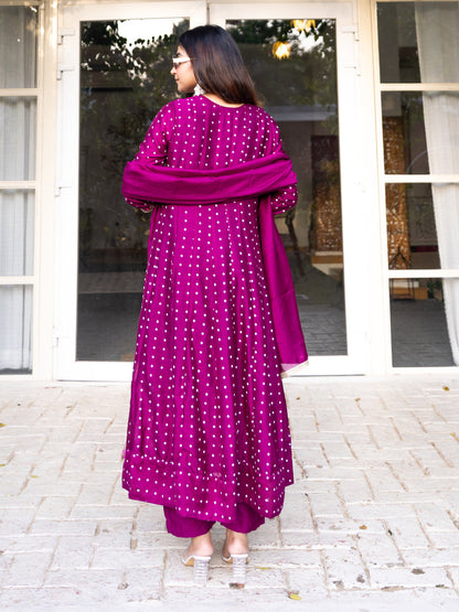 Vinita Silk Blend Anarkali Kurta Set Elegant Readymade Embroidered Fancy Neck Three Quarter Sleeves With Pant Dupatta Set - FitVibe Fashion