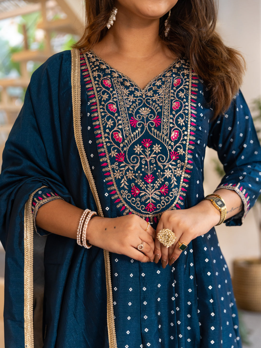 Vinita Silk Blend Anarkali Kurta Set Elegant Readymade Embroidered Fancy Neck Three Quarter Sleeves With Pant Dupatta Set - FitVibe Fashion