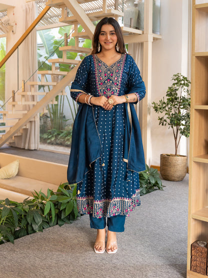 Vinita Silk Blend Anarkali Kurta Set Elegant Readymade Embroidered Fancy Neck Three Quarter Sleeves With Pant Dupatta Set - FitVibe Fashion