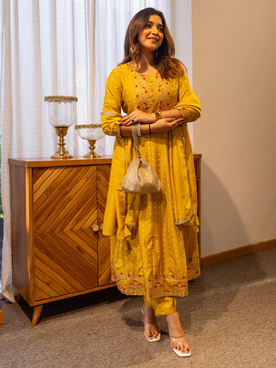 Vinita Silk Blend Anarkali Kurta Set Elegant Readymade Embroidered Fancy Neck Three Quarter Sleeves With Pant Dupatta Set - FitVibe Fashion