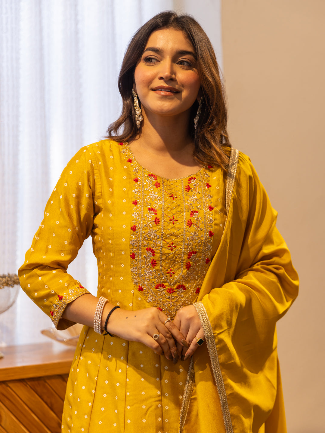 Vinita Silk Blend Anarkali Kurta Set Elegant Readymade Embroidered Fancy Neck Three Quarter Sleeves With Pant Dupatta Set - FitVibe Fashion