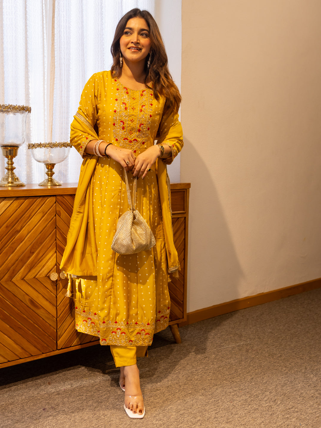 Vinita Silk Blend Anarkali Kurta Set Elegant Readymade Embroidered Fancy Neck Three Quarter Sleeves With Pant Dupatta Set - FitVibe Fashion