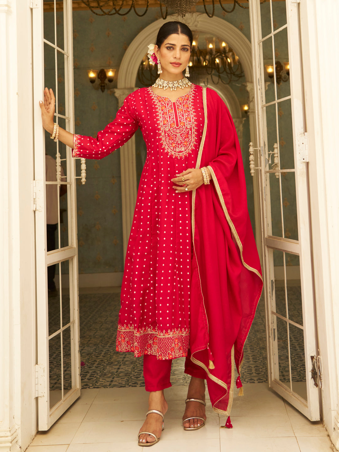 Inaaya Pink Embroidered Anarkali Kurta Set Suits with Silk Dupatta - FitVibe Fashion