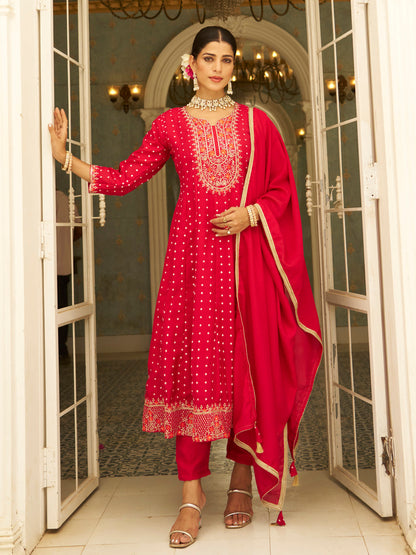 Inaaya Pink Embroidered Anarkali Kurta Set Suits with Silk Dupatta - FitVibe Fashion