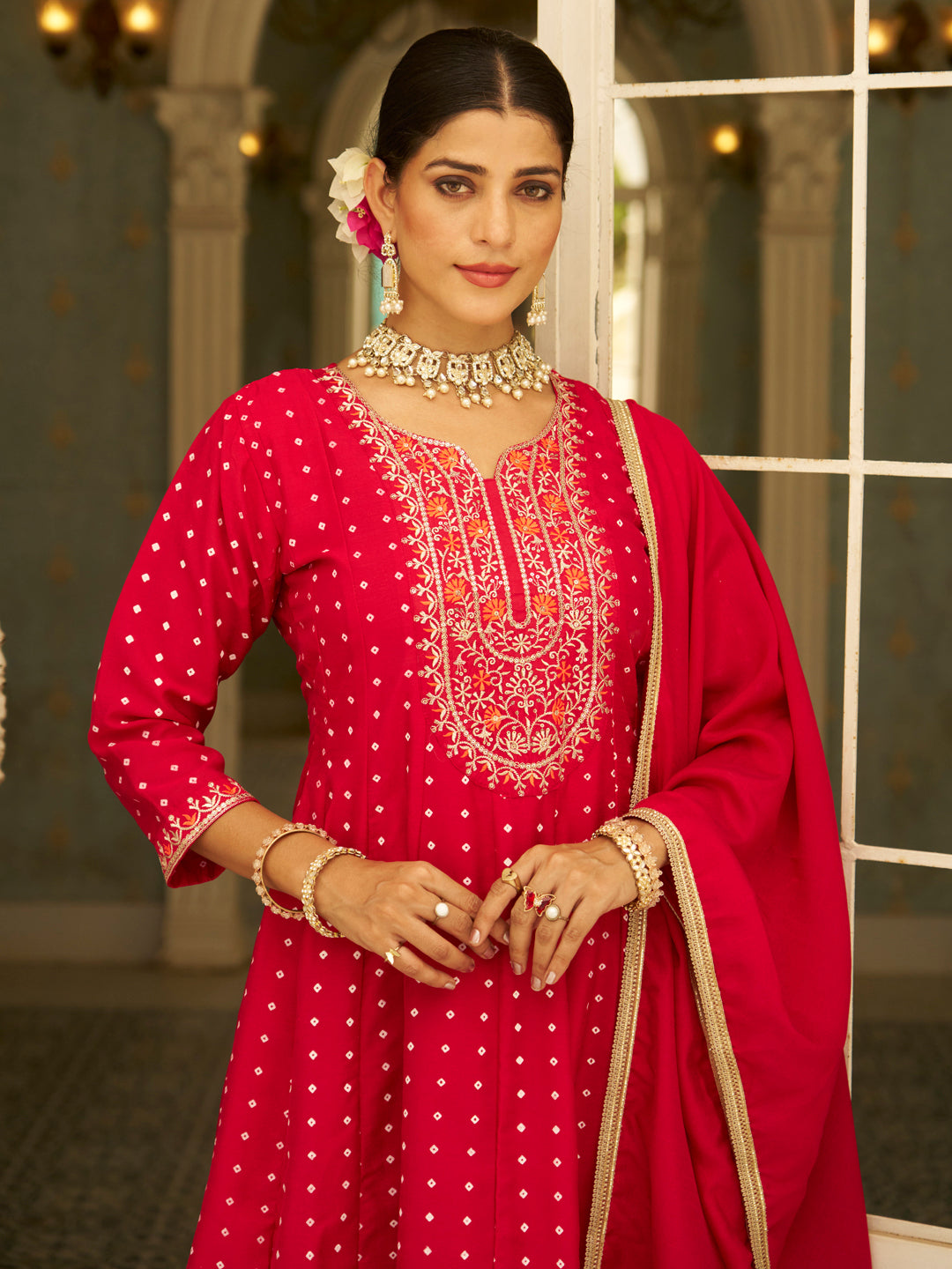 Inaaya Pink Embroidered Anarkali Kurta Set Suits with Silk Dupatta - FitVibe Fashion