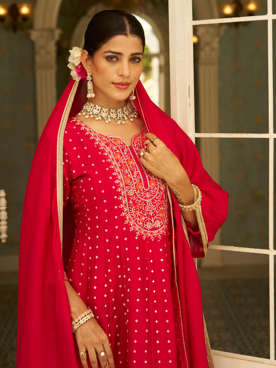 Inaaya Pink Embroidered Anarkali Kurta Set Suits with Silk Dupatta - FitVibe Fashion