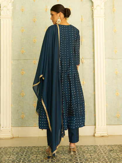 Inaaya Teal Blue Embroidered Anarkali Kurta Set Suits with Silk Dupatta - FitVibe Fashion