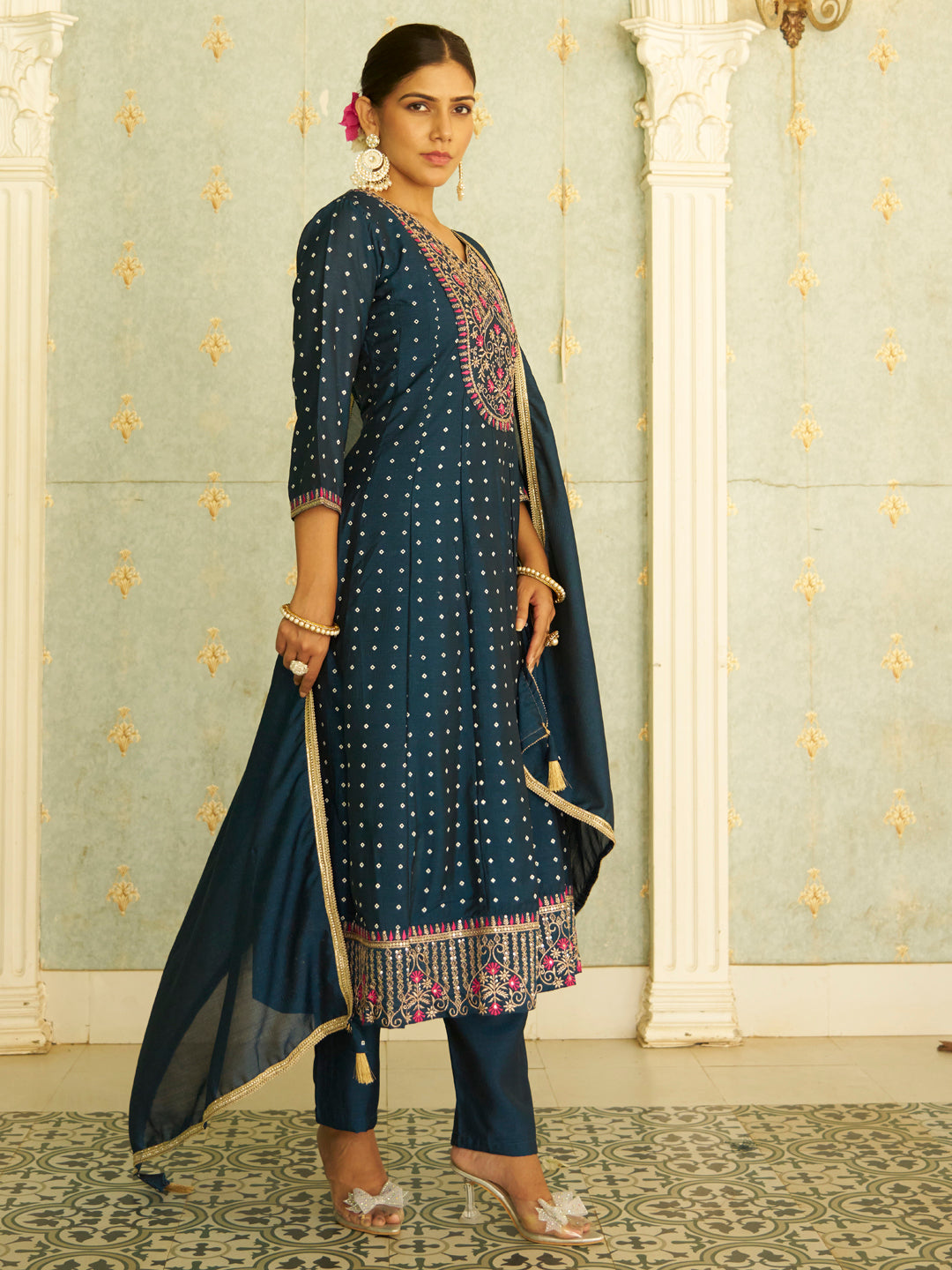 Inaaya Teal Blue Embroidered Anarkali Kurta Set Suits with Silk Dupatta - FitVibe Fashion
