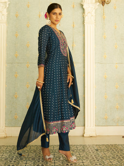 Inaaya Teal Blue Embroidered Anarkali Kurta Set Suits with Silk Dupatta - FitVibe Fashion
