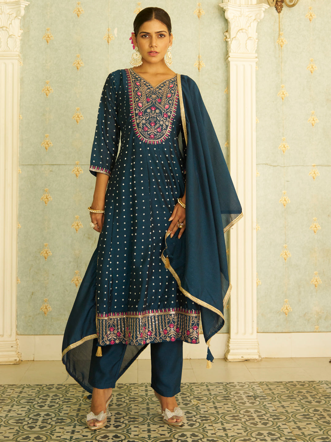 Inaaya Teal Blue Embroidered Anarkali Kurta Set Suits with Silk Dupatta - FitVibe Fashion