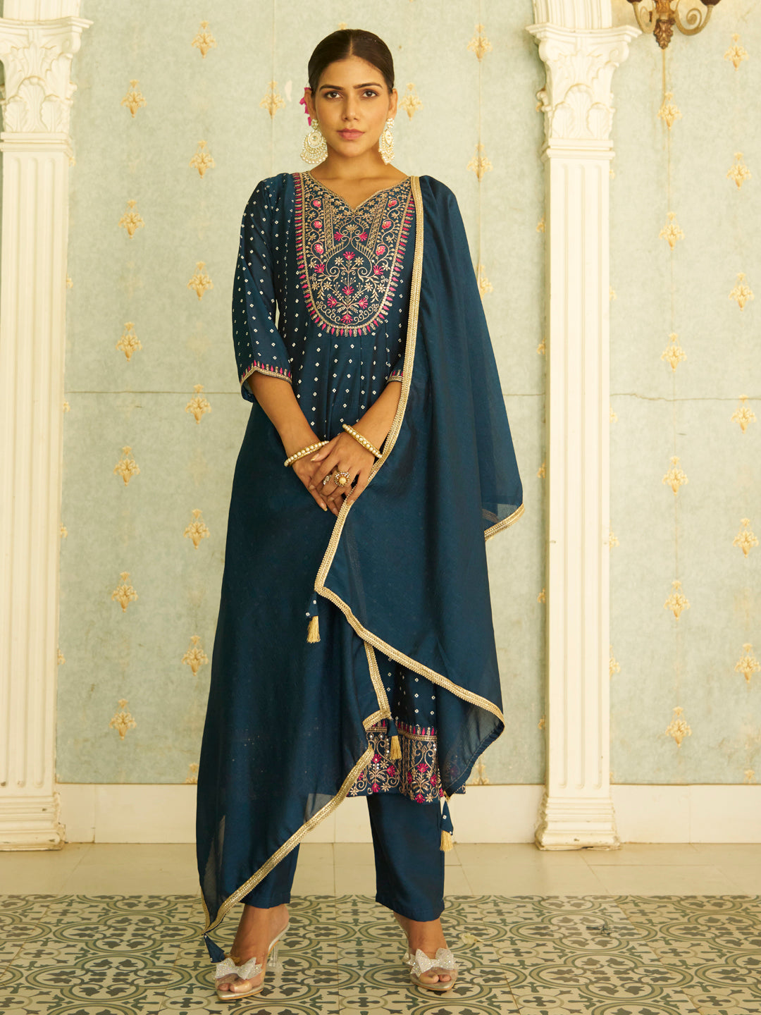 Inaaya Teal Blue Embroidered Anarkali Kurta Set Suits with Silk Dupatta - FitVibe Fashion