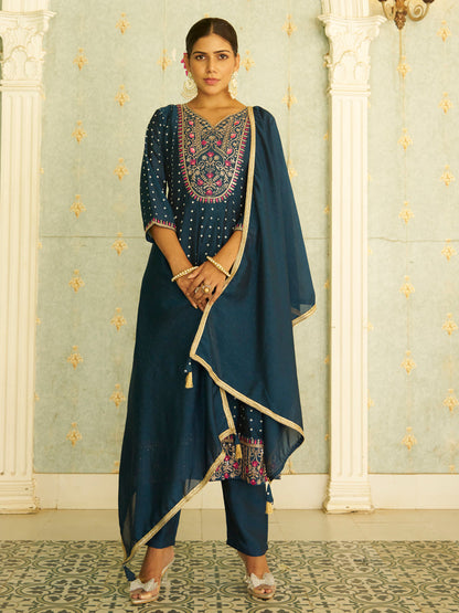 Inaaya Teal Blue Embroidered Anarkali Kurta Set Suits with Silk Dupatta - FitVibe Fashion