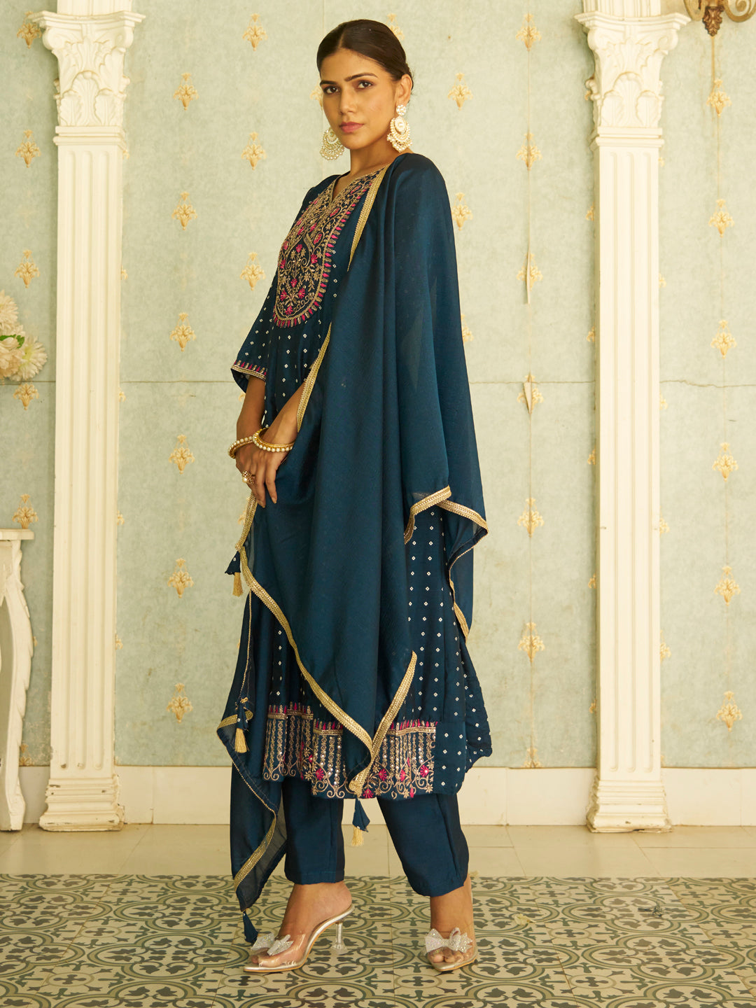 Inaaya Teal Blue Embroidered Anarkali Kurta Set Suits with Silk Dupatta - FitVibe Fashion