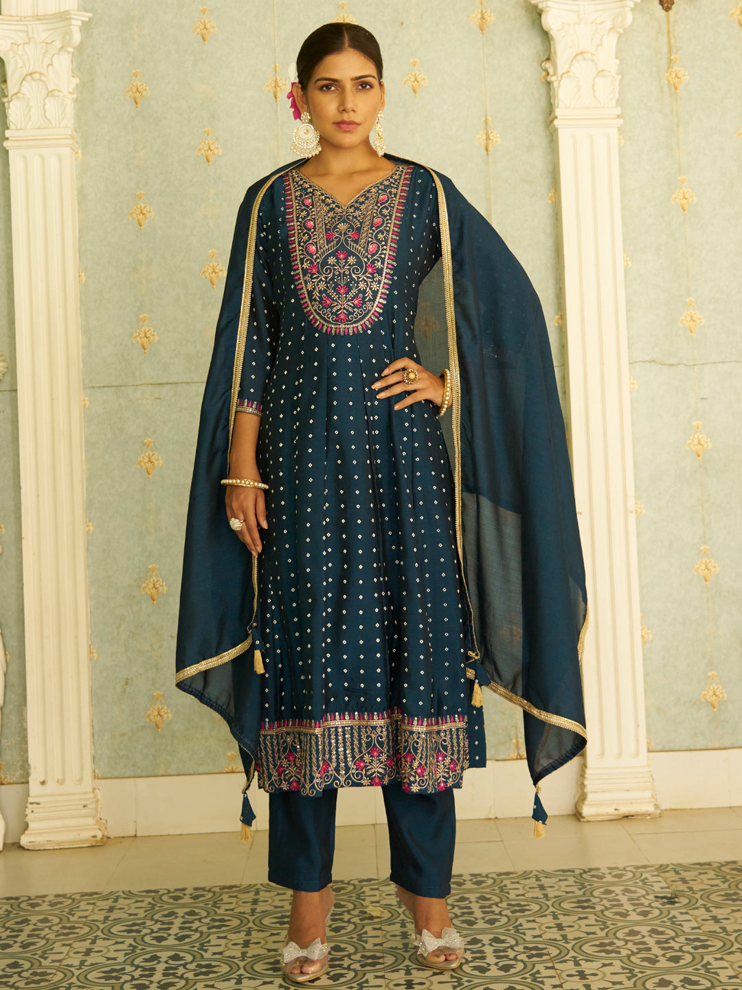 Inaaya Teal Blue Embroidered Anarkali Kurta Set Suits with Silk Dupatta - FitVibe Fashion