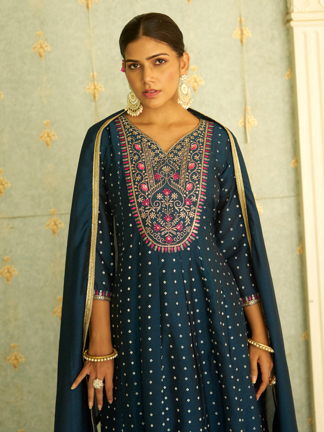 Inaaya Teal Blue Embroidered Anarkali Kurta Set Suits with Silk Dupatta - FitVibe Fashion