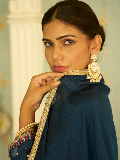 Inaaya Teal Blue Embroidered Anarkali Kurta Set Suits with Silk Dupatta - FitVibe Fashion