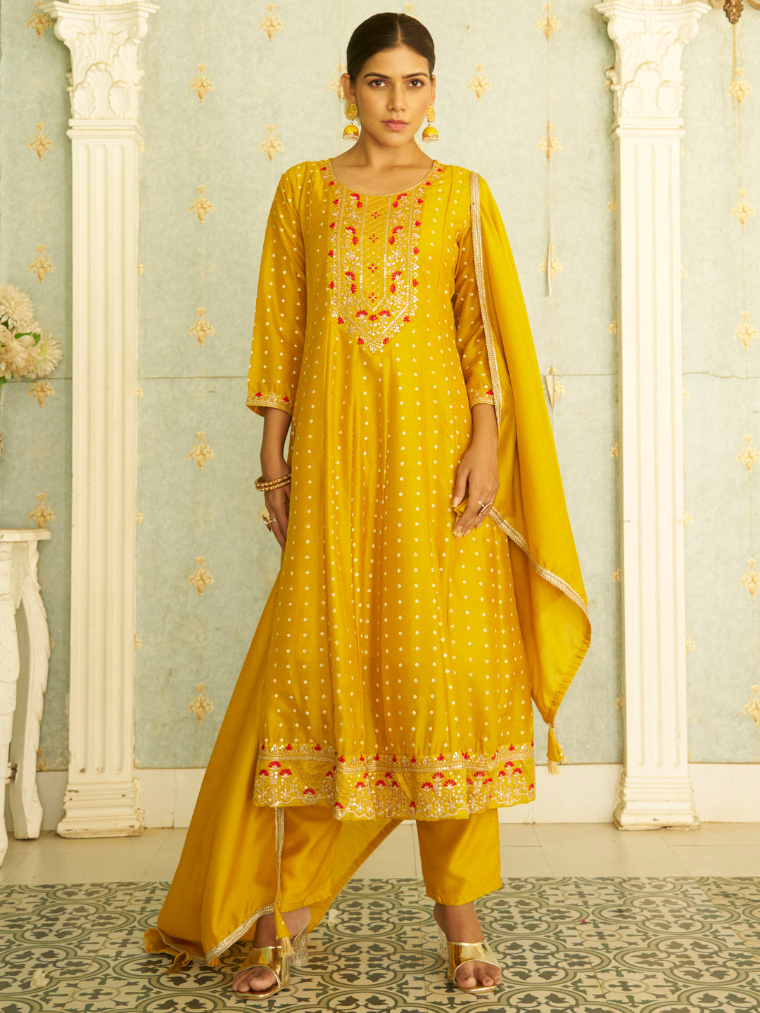 Inaaya Yellow Embroidered Anarkali Kurta Set Suits with Silk Dupatta - FitVibe Fashion