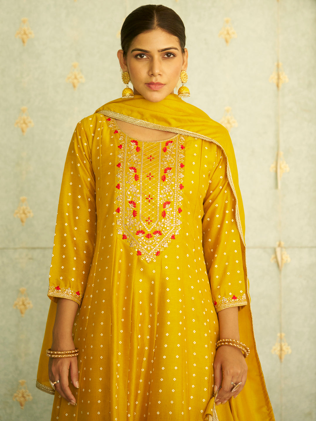 Inaaya Yellow Embroidered Anarkali Kurta Set Suits with Silk Dupatta - FitVibe Fashion