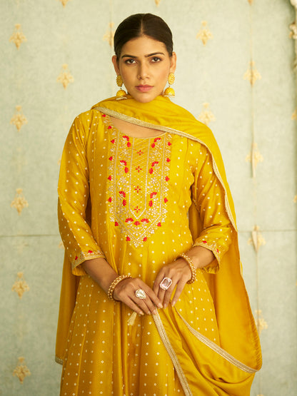 Inaaya Yellow Embroidered Anarkali Kurta Set Suits with Silk Dupatta - FitVibe Fashion