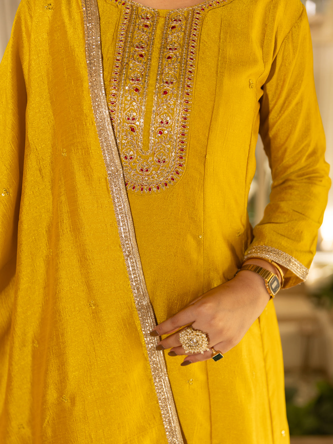 Sumaiya Silk Blend Anarkali Kurta Set with Embroidered Dupatta Elegant Ready to Wear Three Quarter Sleeves Kurta Pant Set - FitVibe Fashion