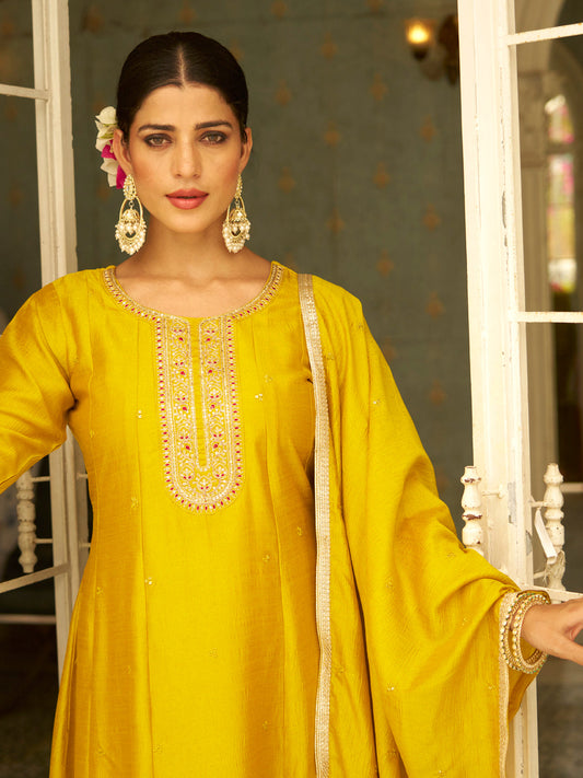 Rivaz Women Anarkali Kurta and Pant Dupatta Sets Silk Blend Fabrics with Embroidery - FitVibe Fashion