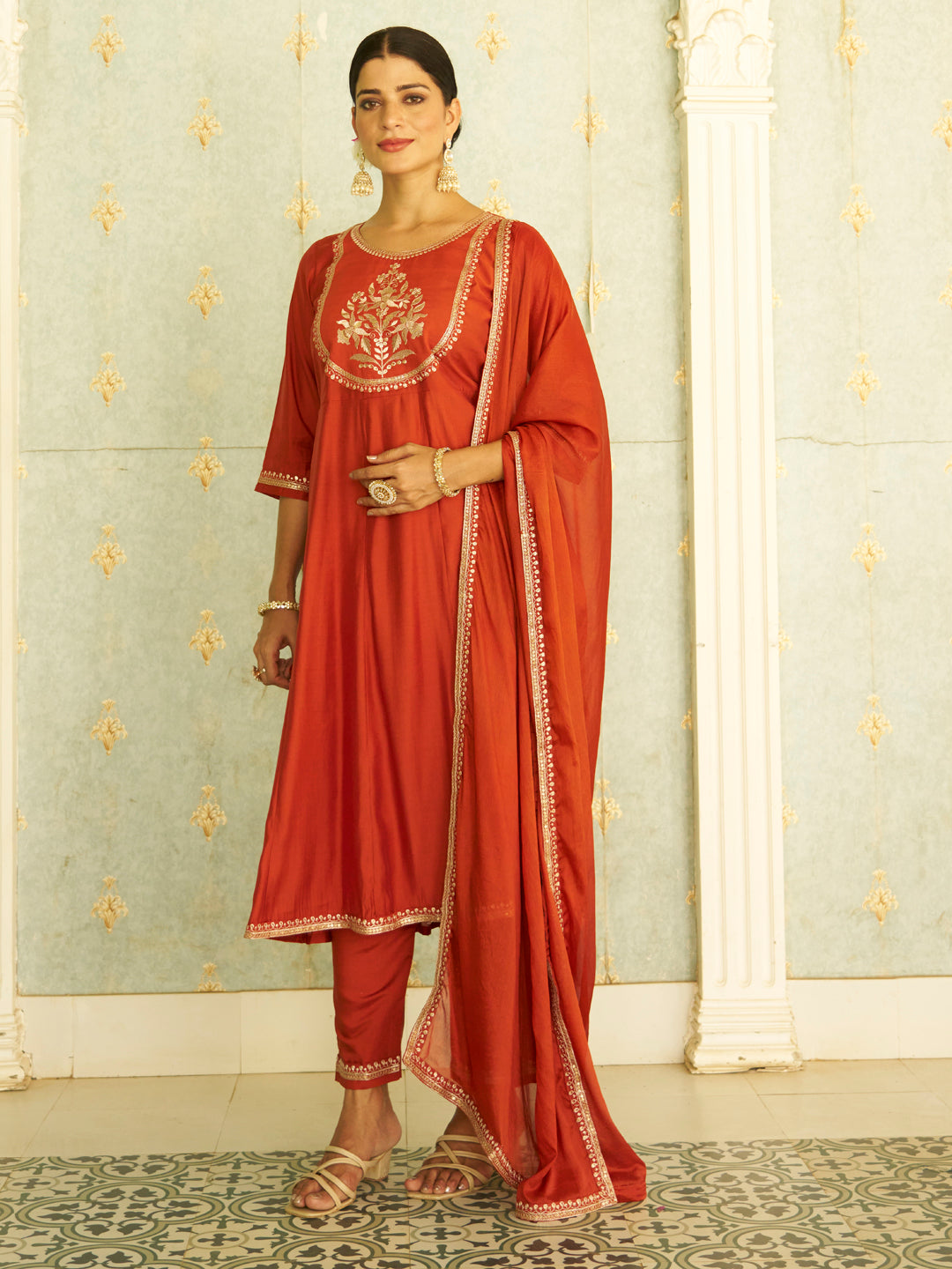 Naari Peach Anarkali Kurta and Pant Dupatta Set - FitVibe Fashion