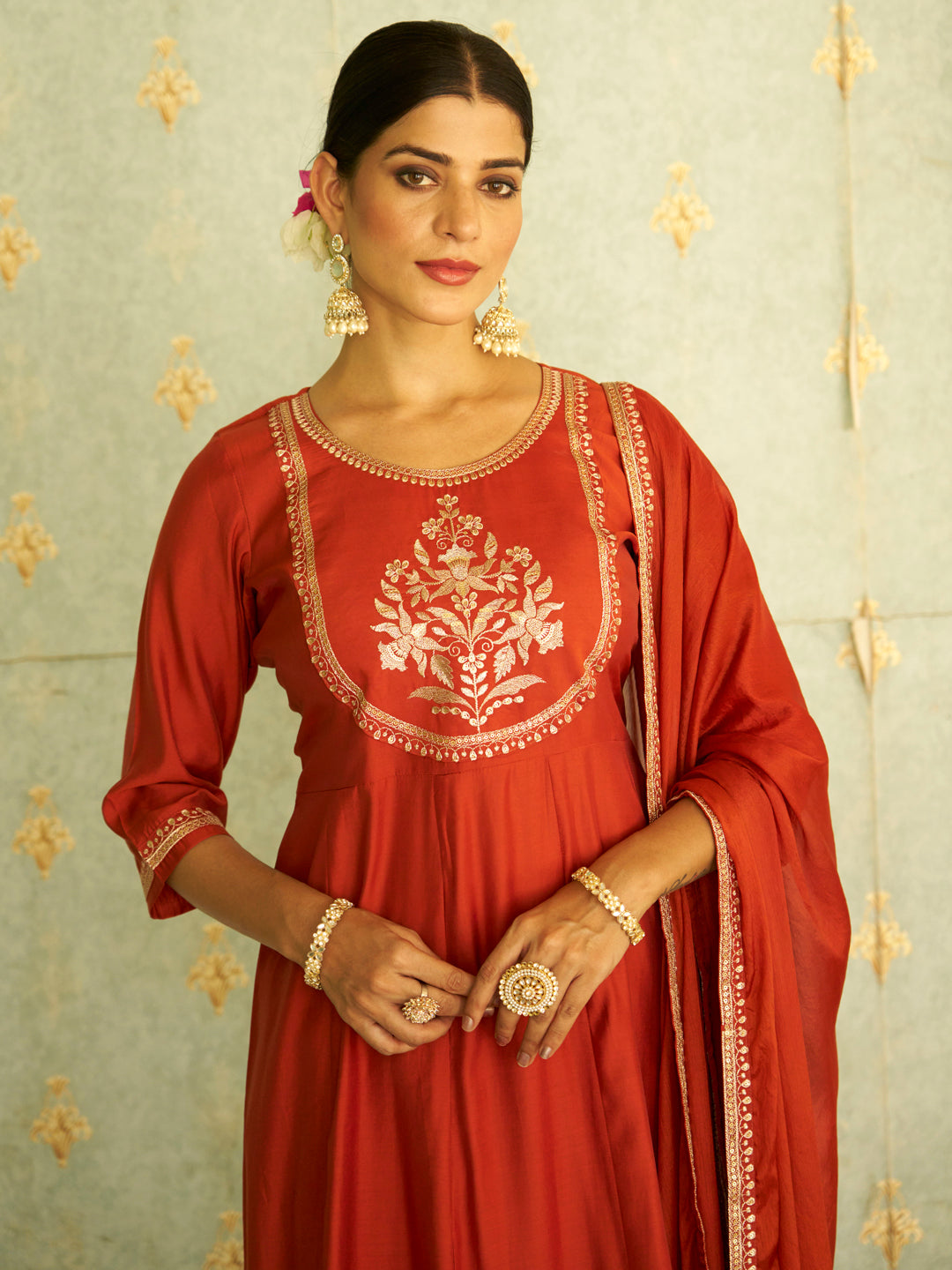 Naari Peach Anarkali Kurta and Pant Dupatta Set - FitVibe Fashion