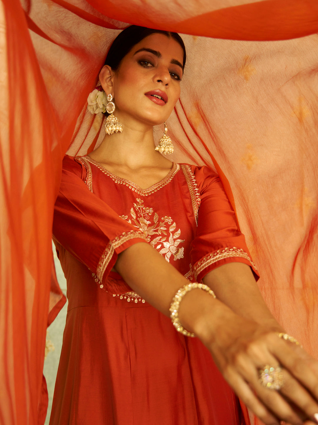 Naari Peach Anarkali Kurta and Pant Dupatta Set - FitVibe Fashion