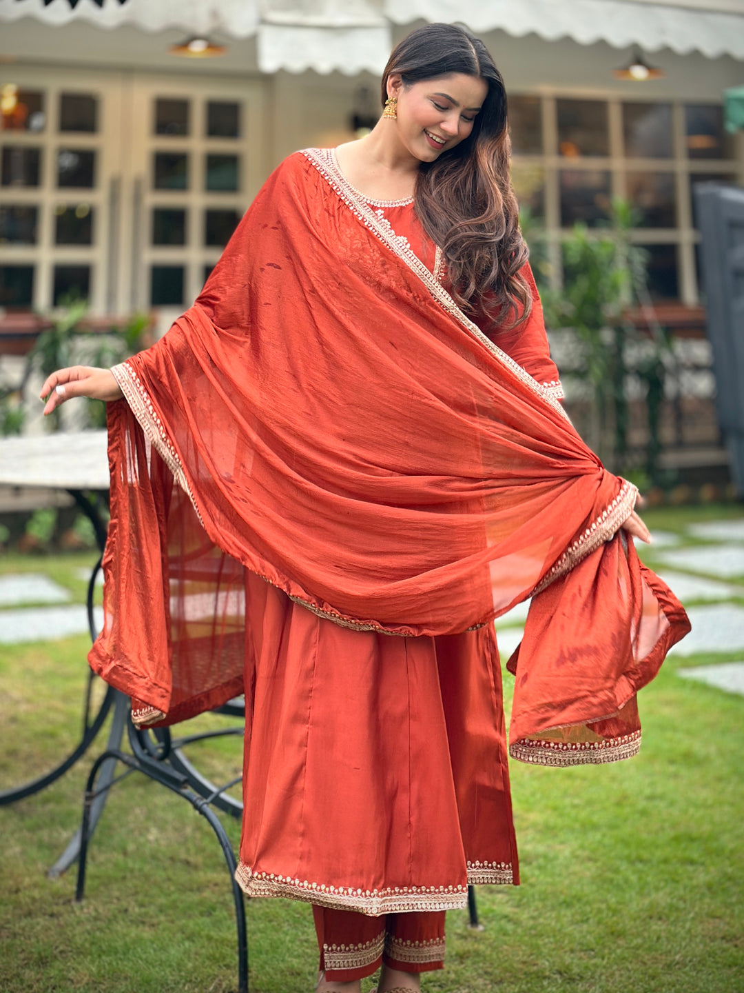 Gul Rust Embroidered Silk Blend Anarkali Suit Set With Dupatta - FitVibe Fashion