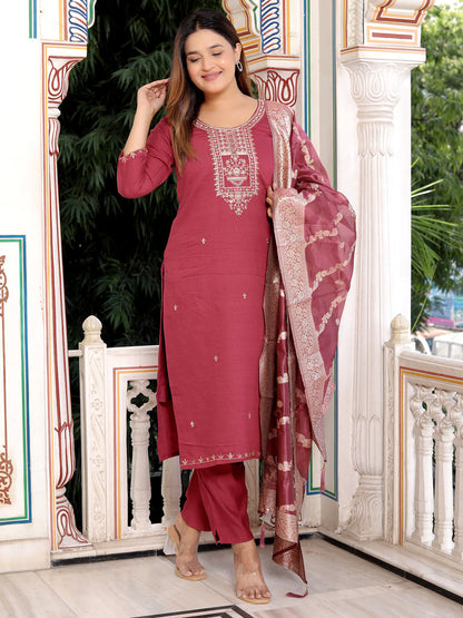 Neria Women Ethnic Motifs Embroidered Kurta with Trousers & Dupatta - FitVibe Fashion
