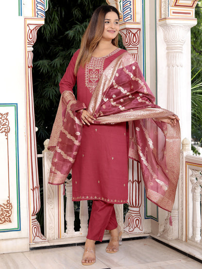 Neria Women Ethnic Motifs Embroidered Kurta with Trousers & Dupatta - FitVibe Fashion