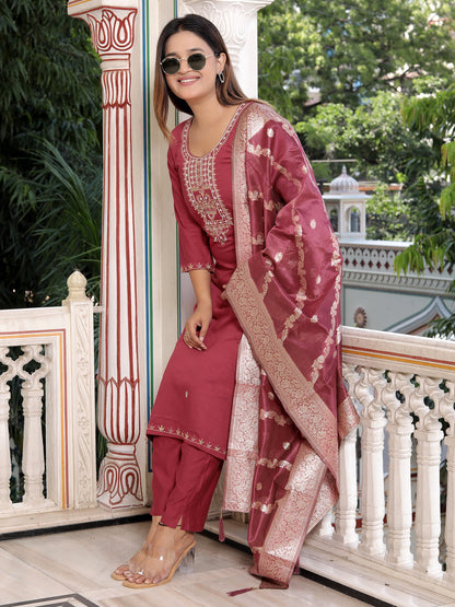 Neria Women Ethnic Motifs Embroidered Kurta with Trousers & Dupatta - FitVibe Fashion