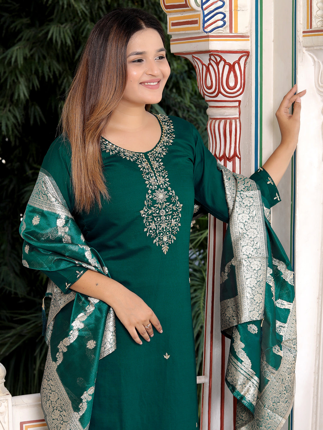 Neria Green Women Ethnic Motifs Embroidered Kurta with Trousers & Dupatta - FitVibe Fashion