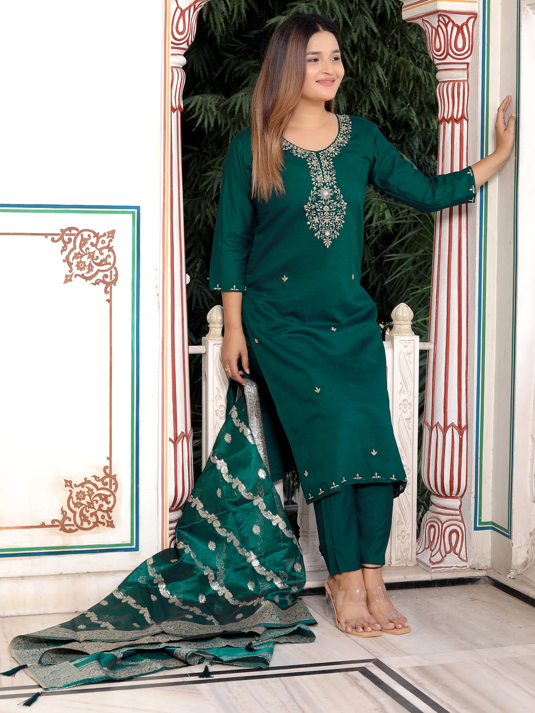 Neria Green Women Ethnic Motifs Embroidered Kurta with Trousers & Dupatta - FitVibe Fashion
