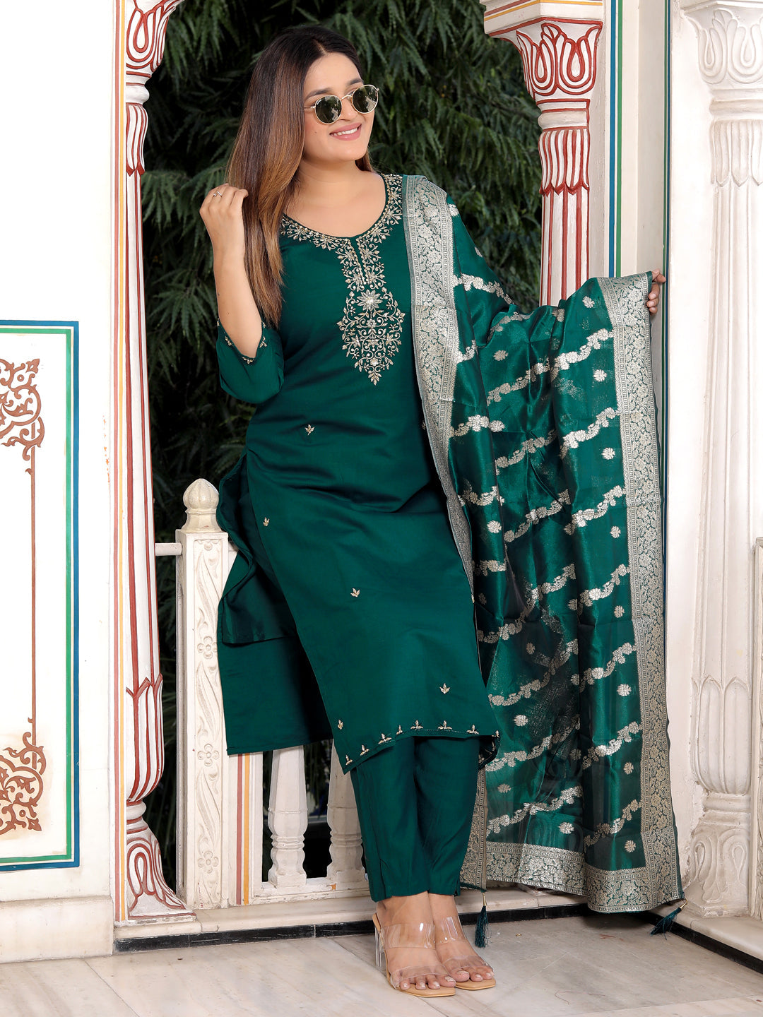 Neria Green Women Ethnic Motifs Embroidered Kurta with Trousers & Dupatta - FitVibe Fashion