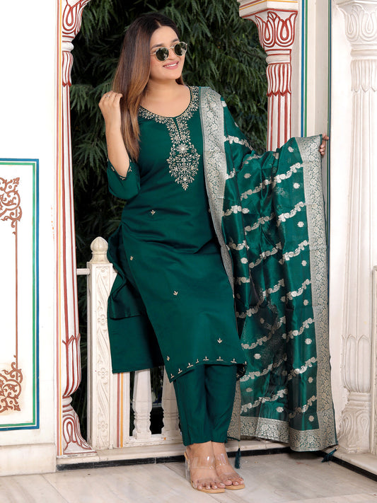 Neria Green Women Ethnic Motifs Embroidered Kurta with Trousers & Dupatta - FitVibe Fashion