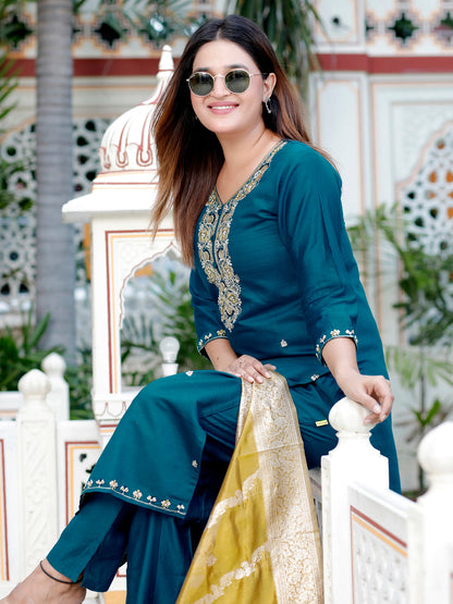 Neria Teal Women Ethnic Motifs Embroidered Kurta with Trousers & Dupatta - FitVibe Fashion