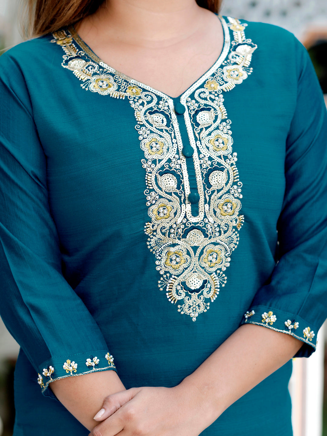Neria Teal Women Ethnic Motifs Embroidered Kurta with Trousers & Dupatta - FitVibe Fashion