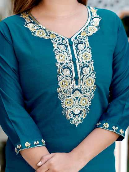 Neria Teal Women Ethnic Motifs Embroidered Kurta with Trousers & Dupatta - FitVibe Fashion