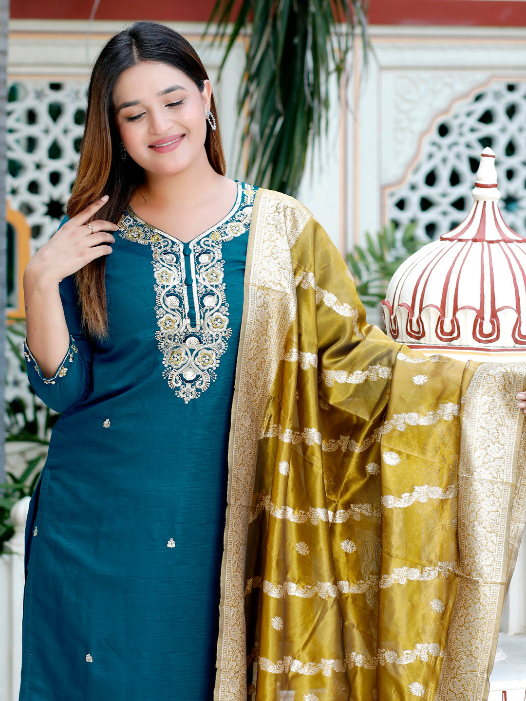 Neria Teal Women Ethnic Motifs Embroidered Kurta with Trousers & Dupatta - FitVibe Fashion