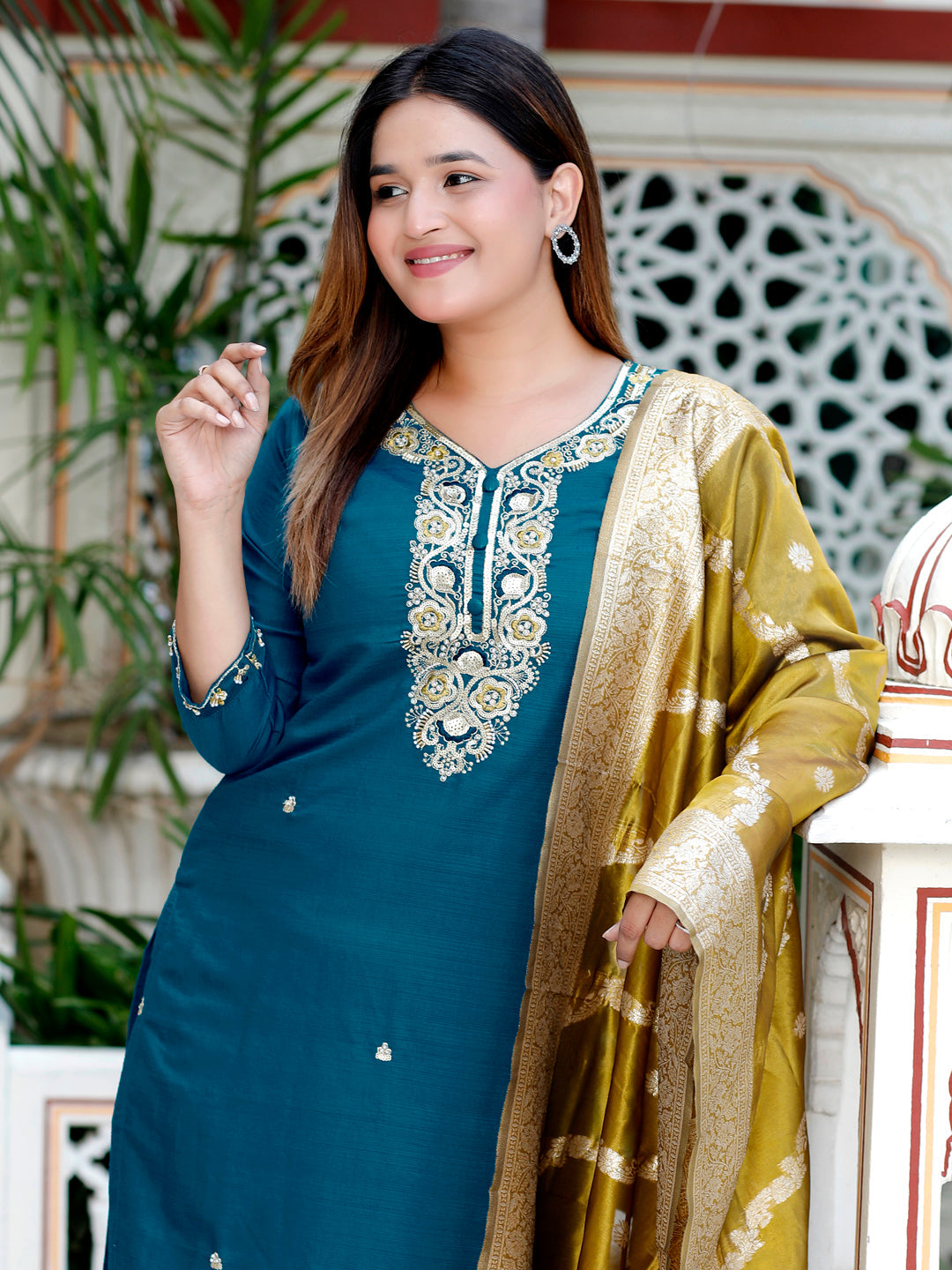 Neria Teal Women Ethnic Motifs Embroidered Kurta with Trousers & Dupatta - FitVibe Fashion