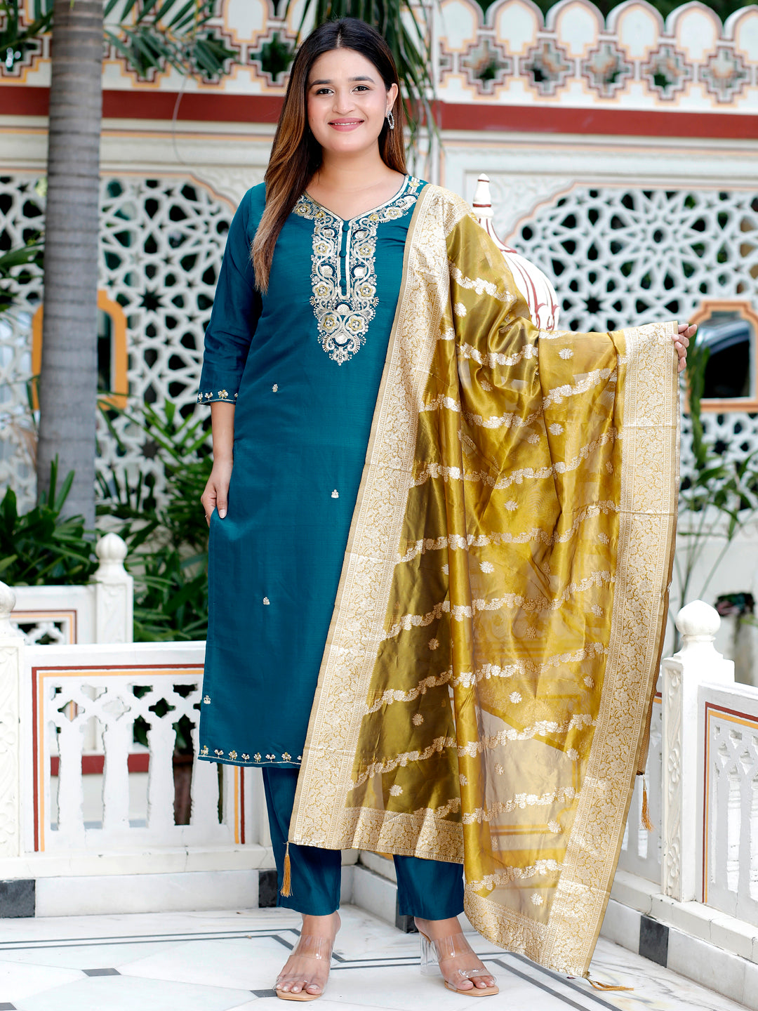 Neria Teal Women Ethnic Motifs Embroidered Kurta with Trousers & Dupatta - FitVibe Fashion