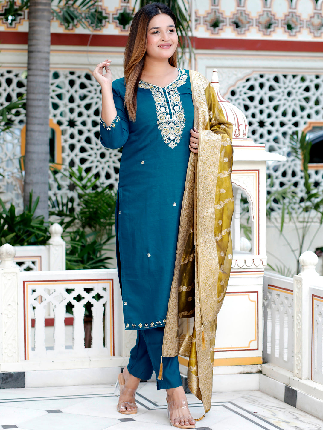 Neria Teal Women Ethnic Motifs Embroidered Kurta with Trousers & Dupatta - FitVibe Fashion