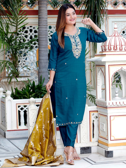 Neria Teal Women Ethnic Motifs Embroidered Kurta with Trousers & Dupatta - FitVibe Fashion