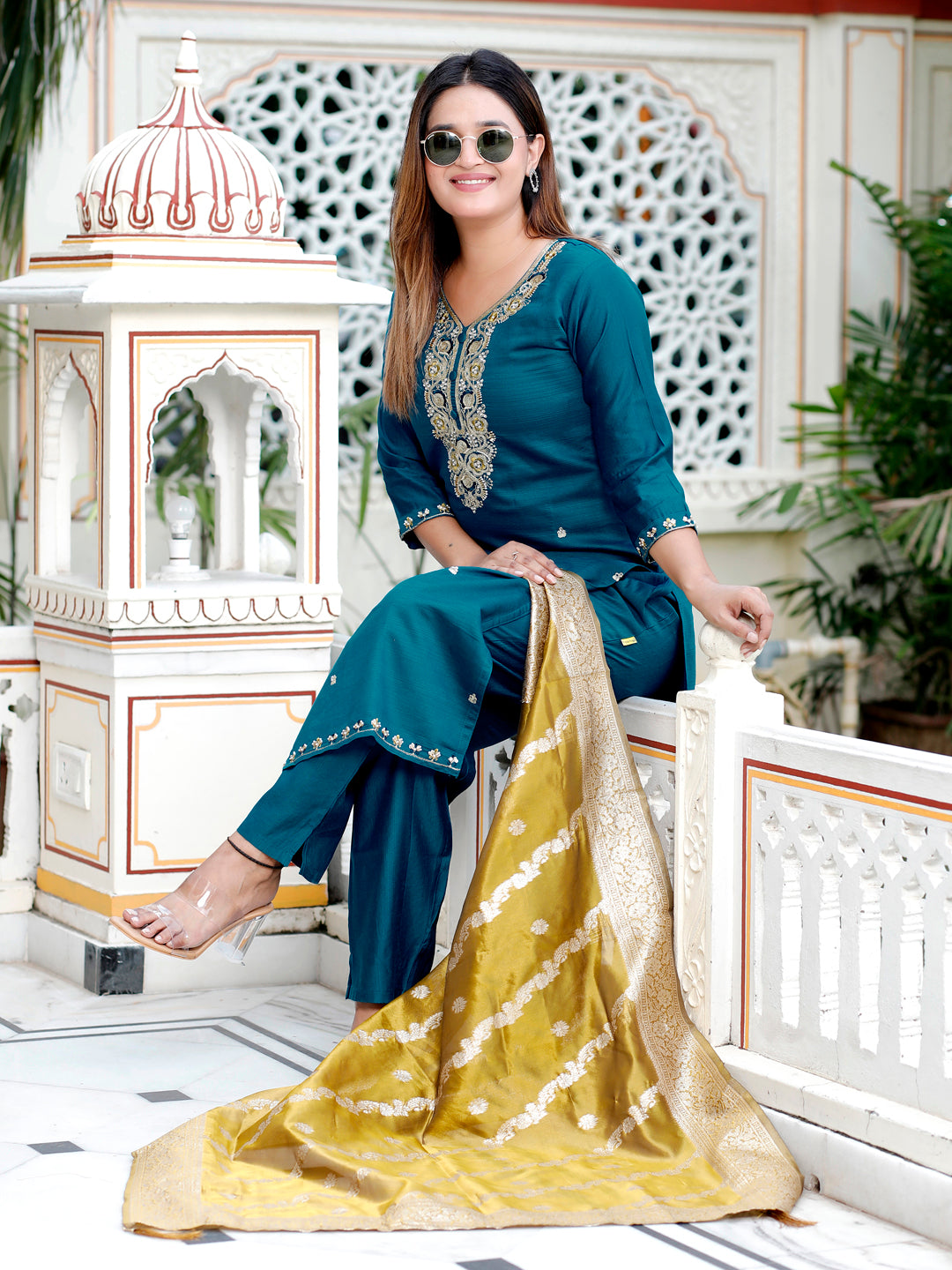 Neria Teal Women Ethnic Motifs Embroidered Kurta with Trousers & Dupatta - FitVibe Fashion