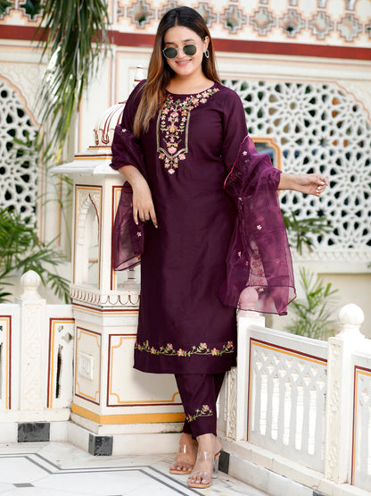 Sahiba Purple Women Floral Embroidered Regular Kurta with Trousers & With Dupatta - FitVibe Fashion