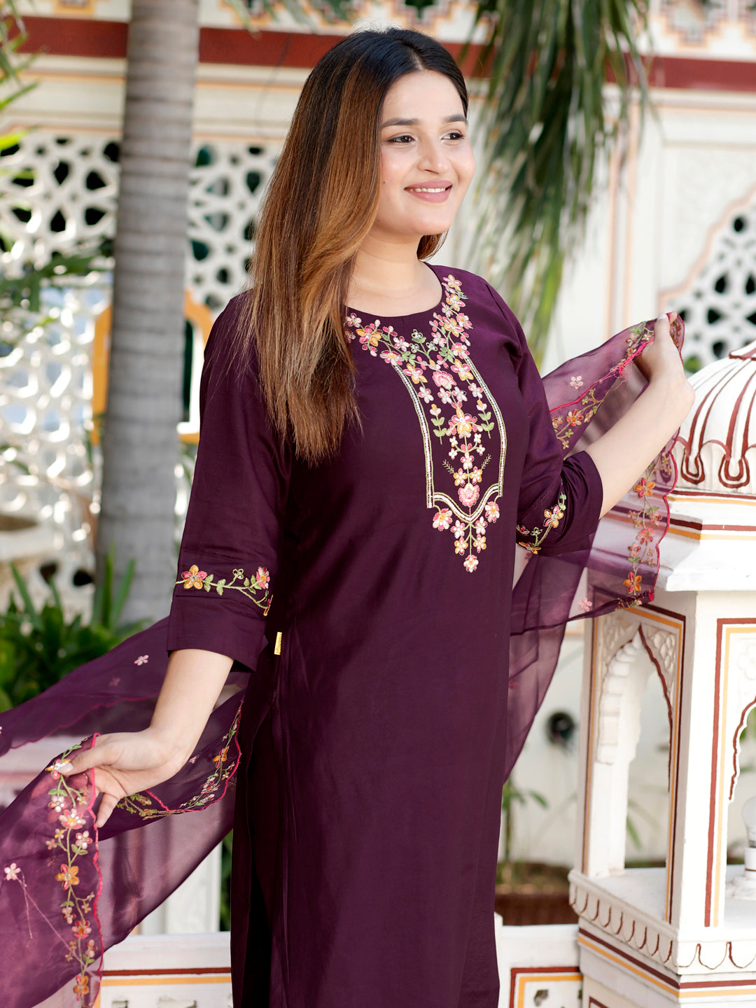 Sahiba Purple Women Floral Embroidered Regular Kurta with Trousers & With Dupatta - FitVibe Fashion